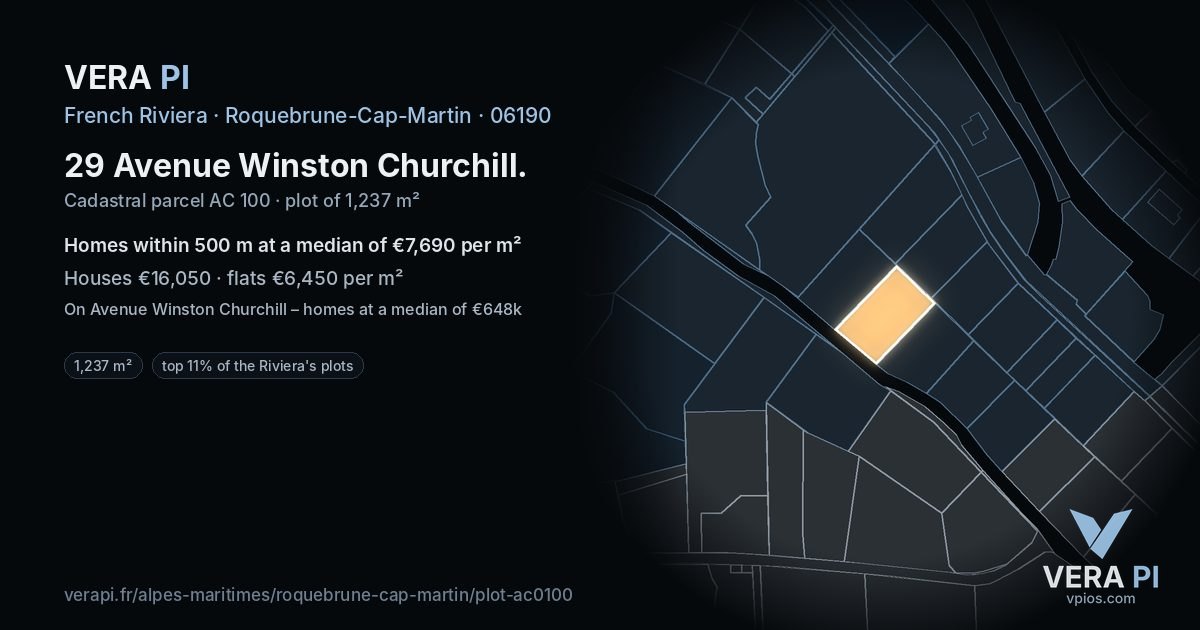 29 Avenue Winston Churchill, Roquebrune-Cap-Martin at night – the plot lit, the parcels around coloured by the prices near them