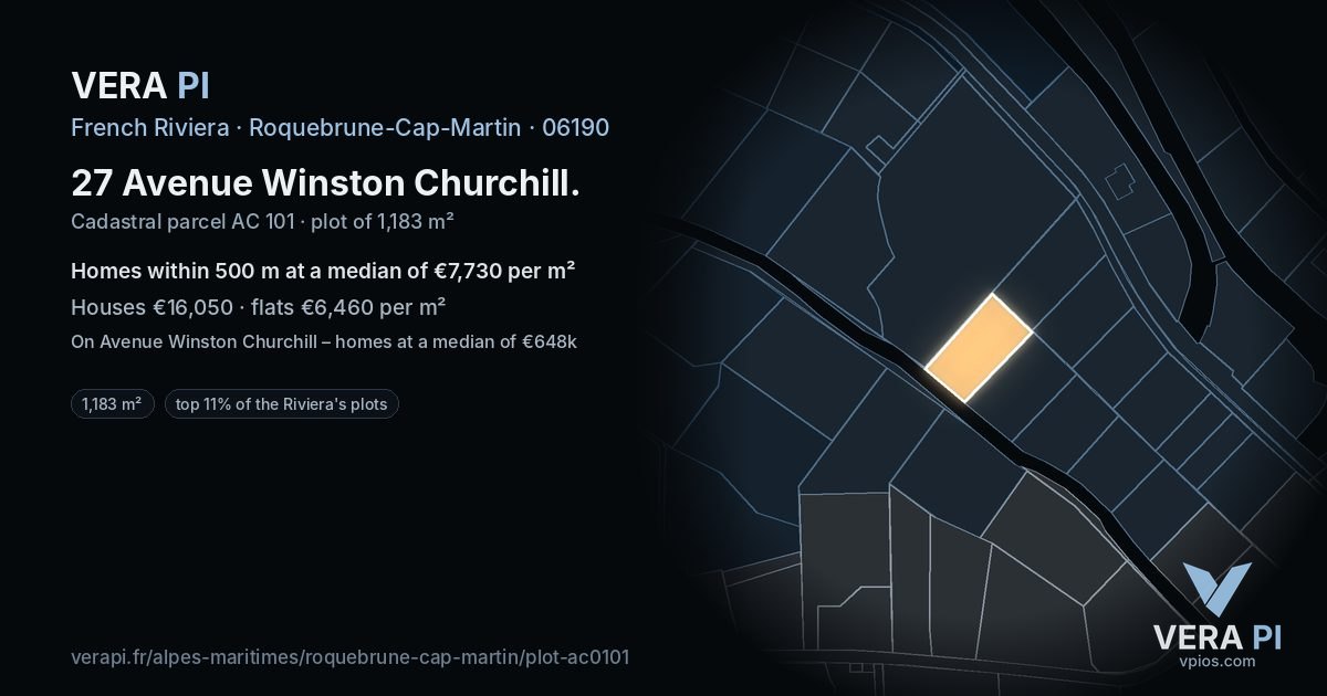 27 Avenue Winston Churchill, Roquebrune-Cap-Martin at night – the plot lit, the parcels around coloured by the prices near them