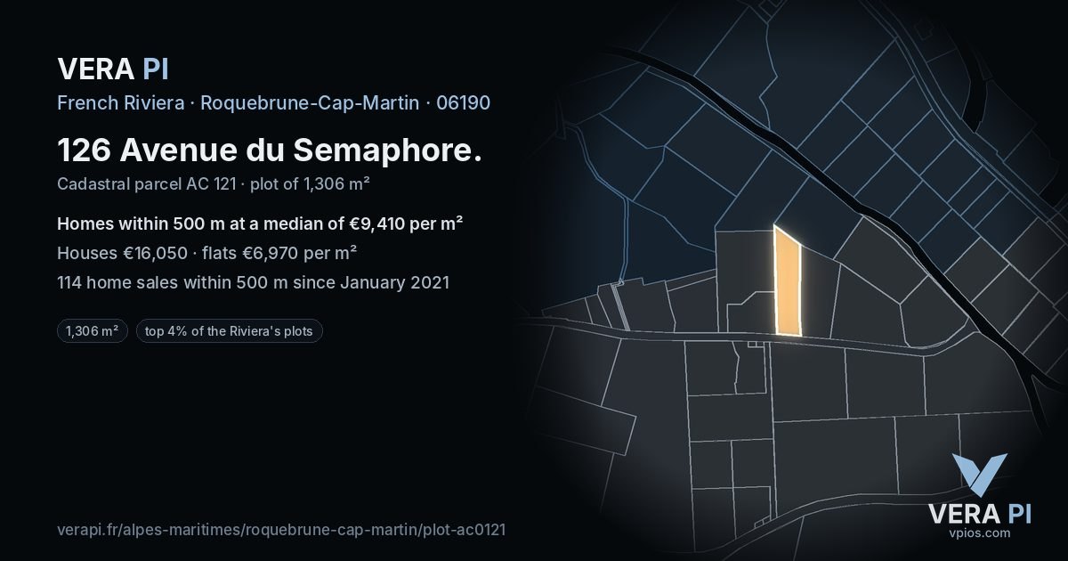 126 Avenue du Semaphore, Roquebrune-Cap-Martin at night – the plot lit, the parcels around coloured by the prices near them