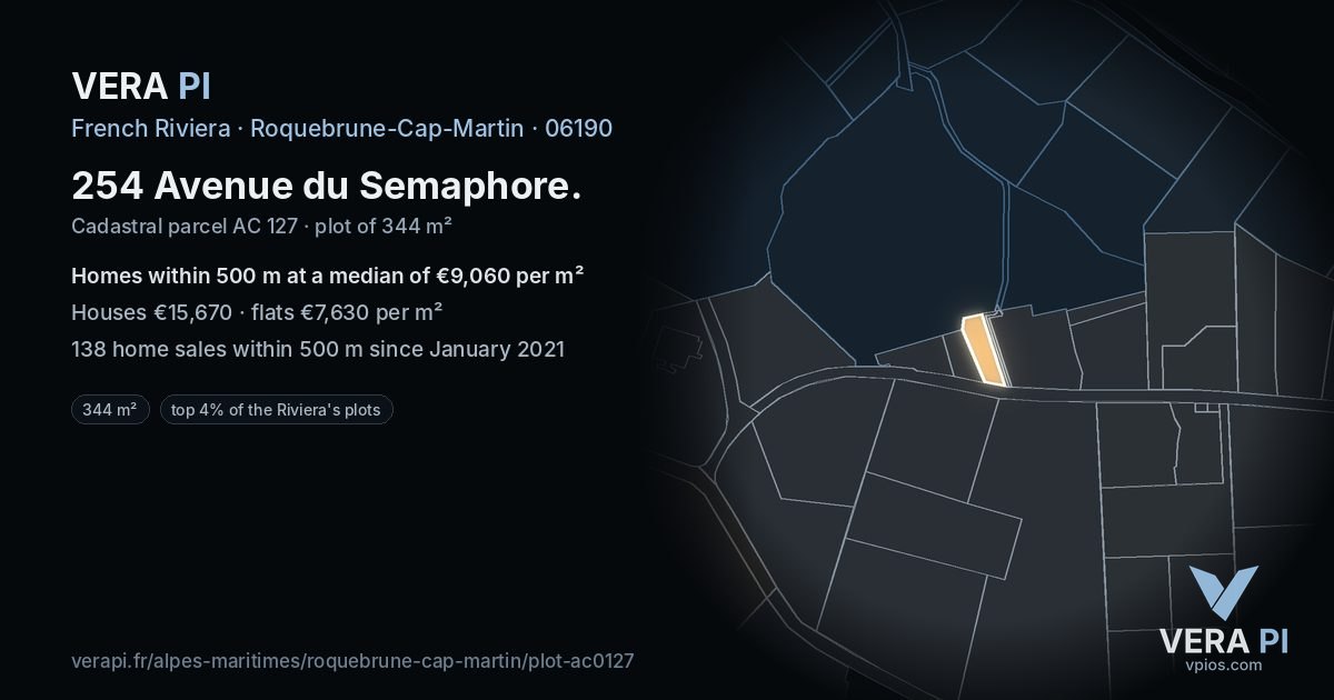 254 Avenue du Semaphore, Roquebrune-Cap-Martin at night – the plot lit, the parcels around coloured by the prices near them