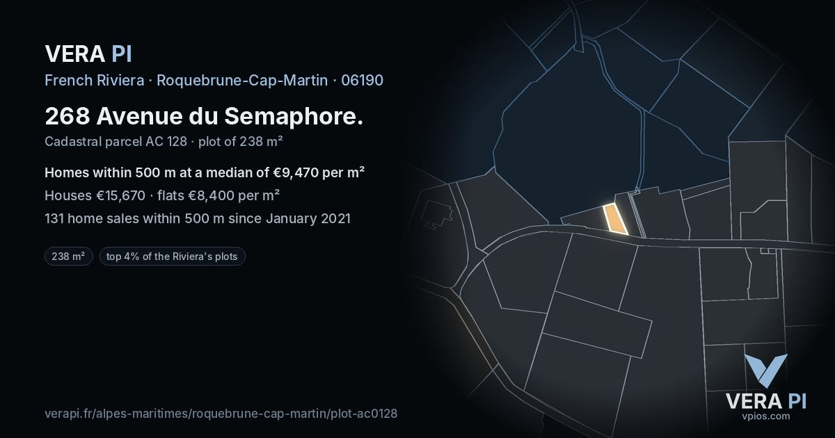 268 Avenue du Semaphore, Roquebrune-Cap-Martin at night – the plot lit, the parcels around coloured by the prices near them