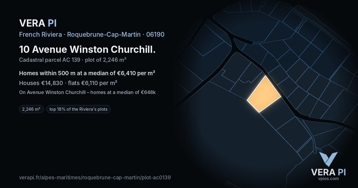 10 Avenue Winston Churchill, Roquebrune-Cap-Martin at night – the plot lit, the parcels around coloured by the prices near them