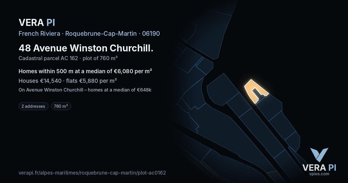 48 Avenue Winston Churchill, Roquebrune-Cap-Martin at night – the plot lit, the parcels around coloured by the prices near them