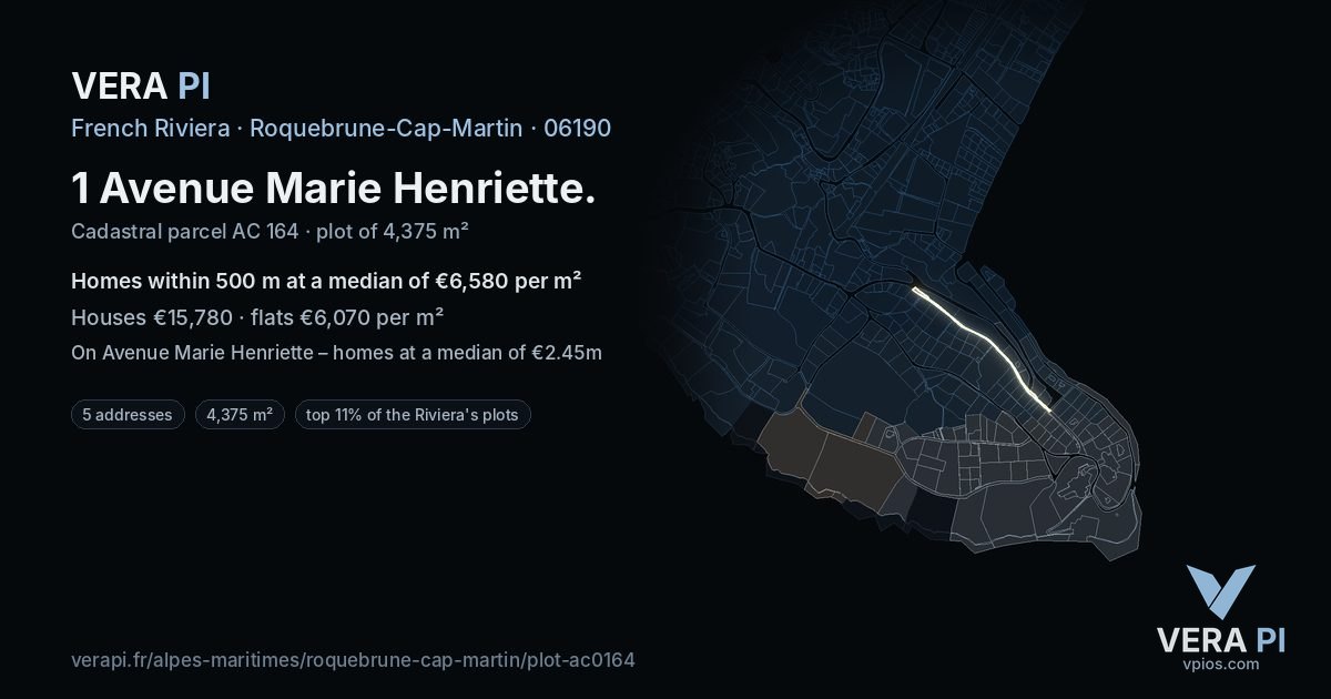 1 Avenue Marie Henriette, Roquebrune-Cap-Martin at night – the plot lit, the parcels around coloured by the prices near them