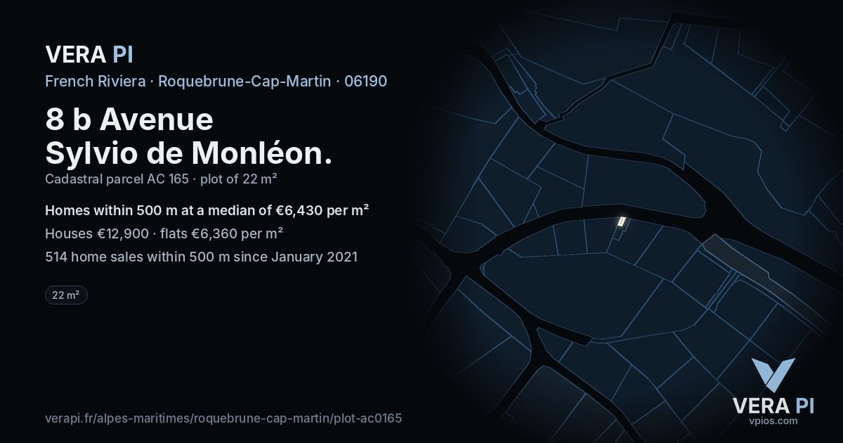 8 b Avenue Sylvio de Monléon, Roquebrune-Cap-Martin at night – the plot lit, the parcels around coloured by the prices near them
