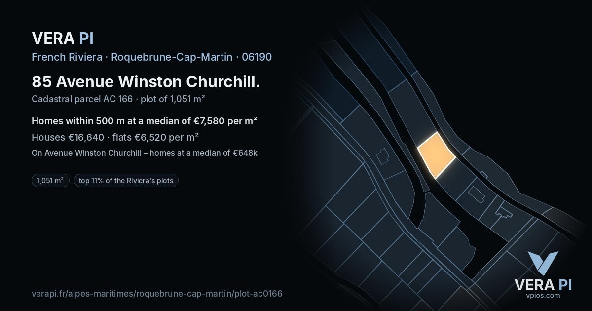 85 Avenue Winston Churchill, Roquebrune-Cap-Martin at night – the plot lit, the parcels around coloured by the prices near them