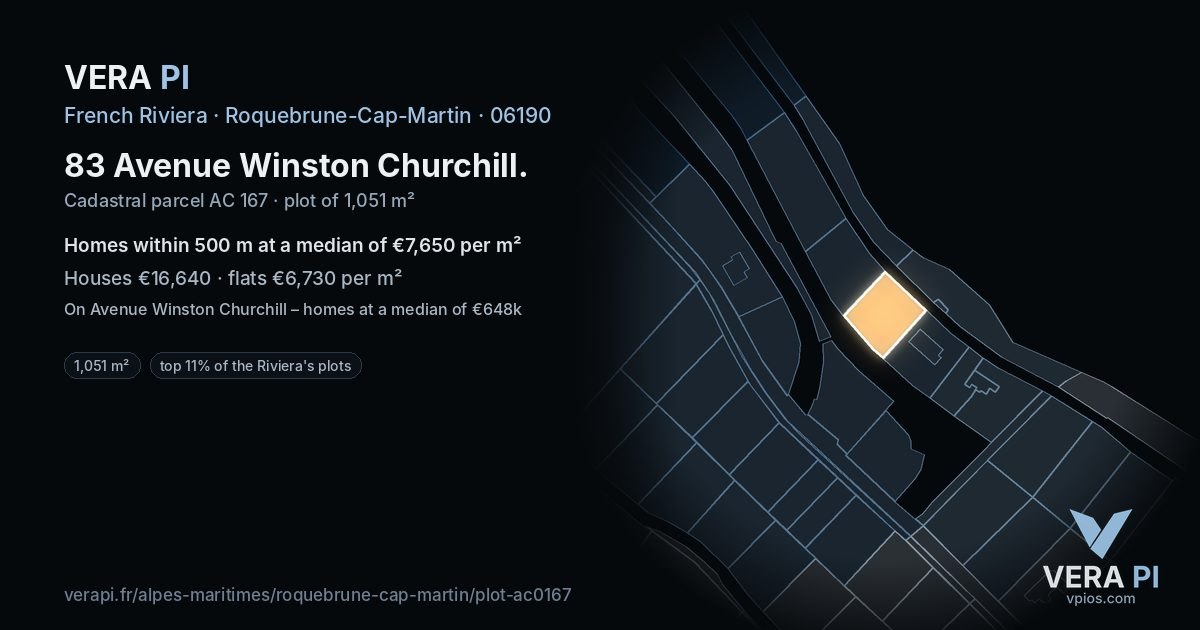 83 Avenue Winston Churchill, Roquebrune-Cap-Martin at night – the plot lit, the parcels around coloured by the prices near them