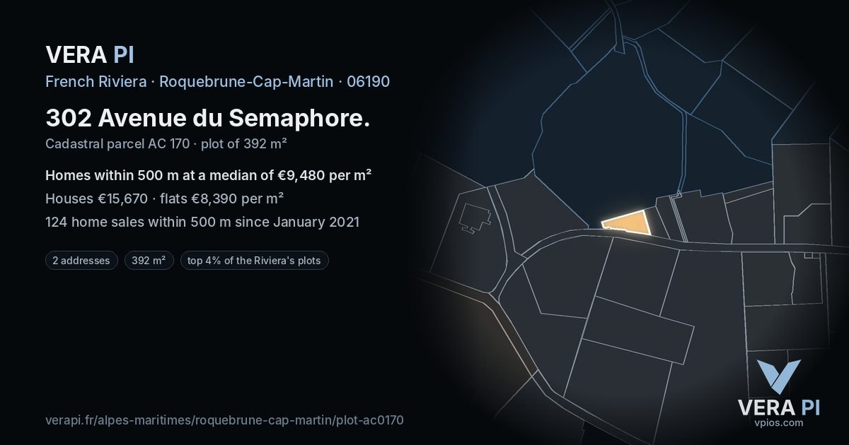 302 Avenue du Semaphore, Roquebrune-Cap-Martin at night – the plot lit, the parcels around coloured by the prices near them
