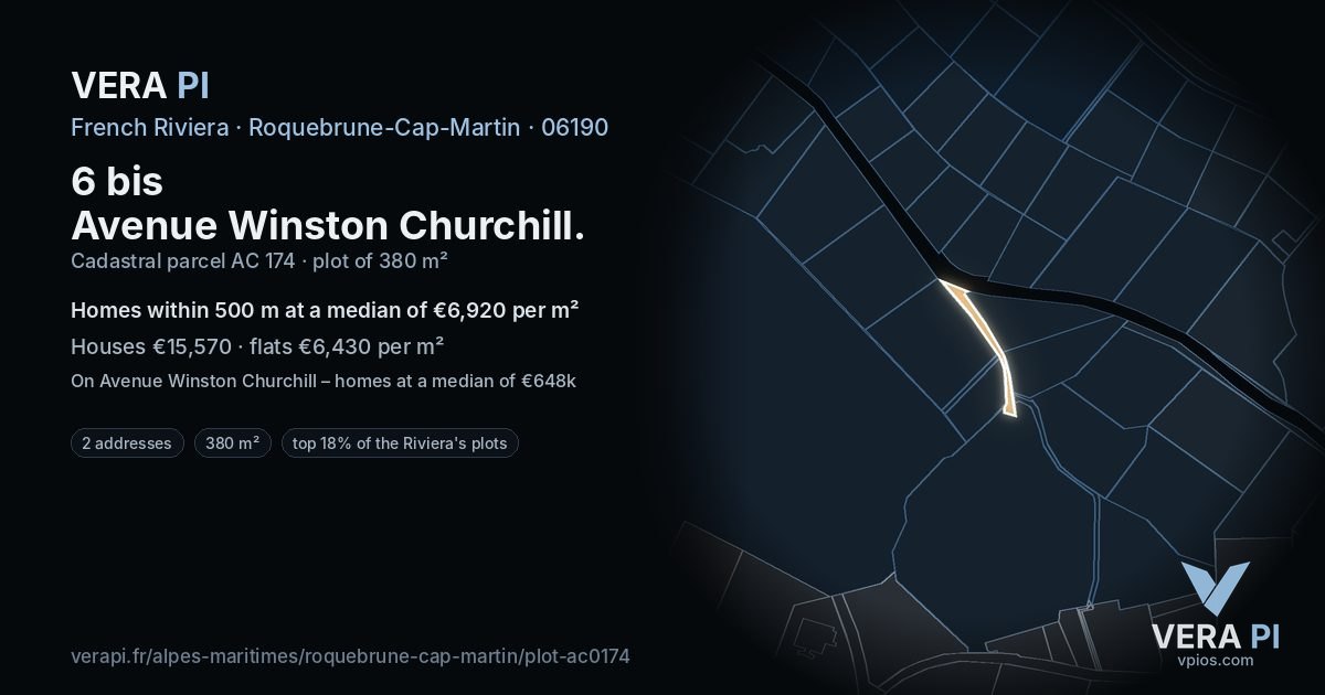 6 bis Avenue Winston Churchill, Roquebrune-Cap-Martin at night – the plot lit, the parcels around coloured by the prices near them