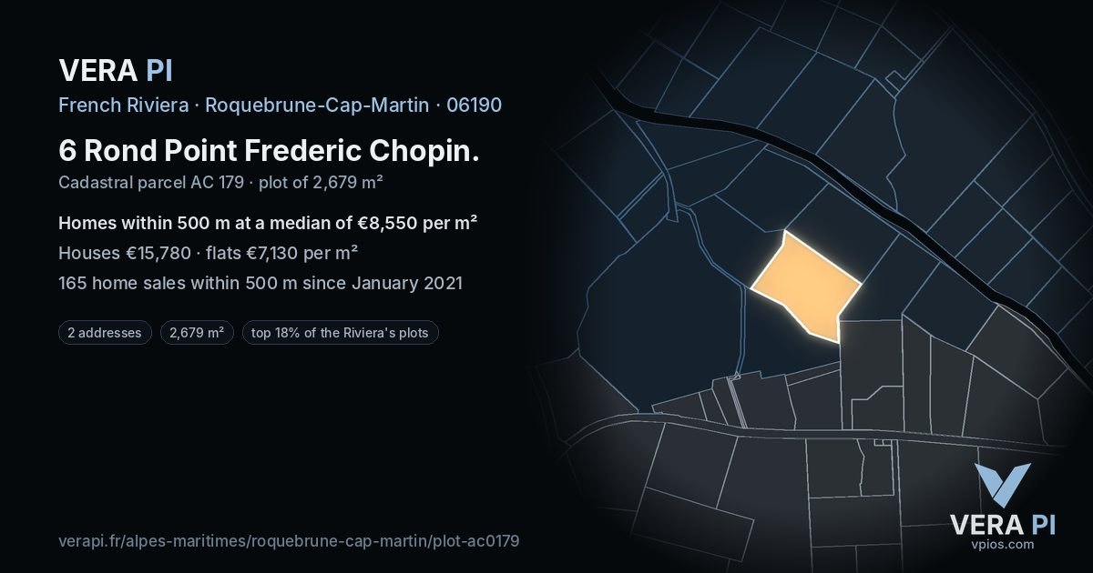 6 Rond Point Frederic Chopin, Roquebrune-Cap-Martin at night – the plot lit, the parcels around coloured by the prices near them