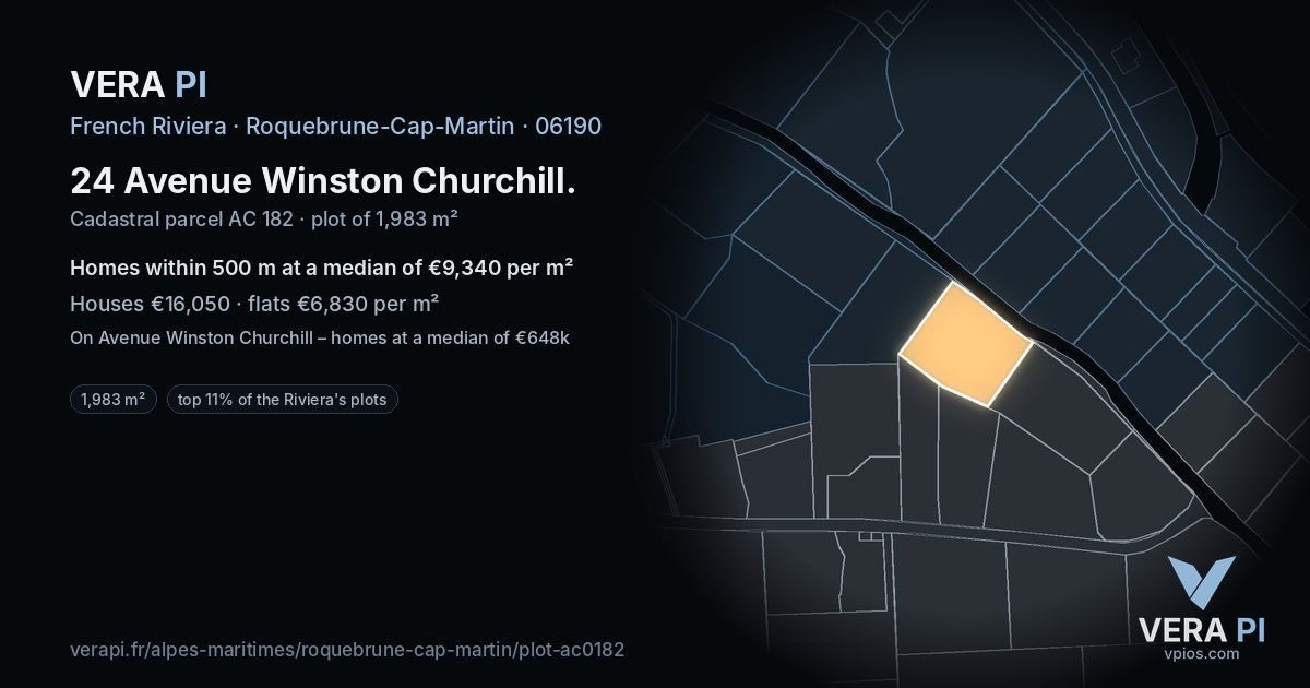 24 Avenue Winston Churchill, Roquebrune-Cap-Martin at night – the plot lit, the parcels around coloured by the prices near them