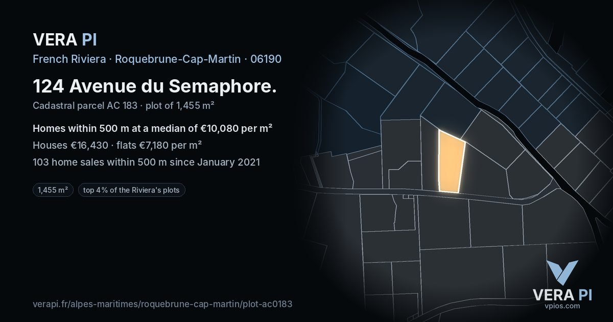124 Avenue du Semaphore, Roquebrune-Cap-Martin at night – the plot lit, the parcels around coloured by the prices near them