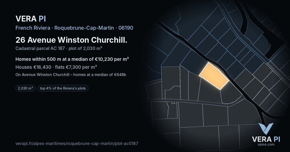 26 Avenue Winston Churchill, Roquebrune-Cap-Martin at night – the plot lit, the parcels around coloured by the prices near them