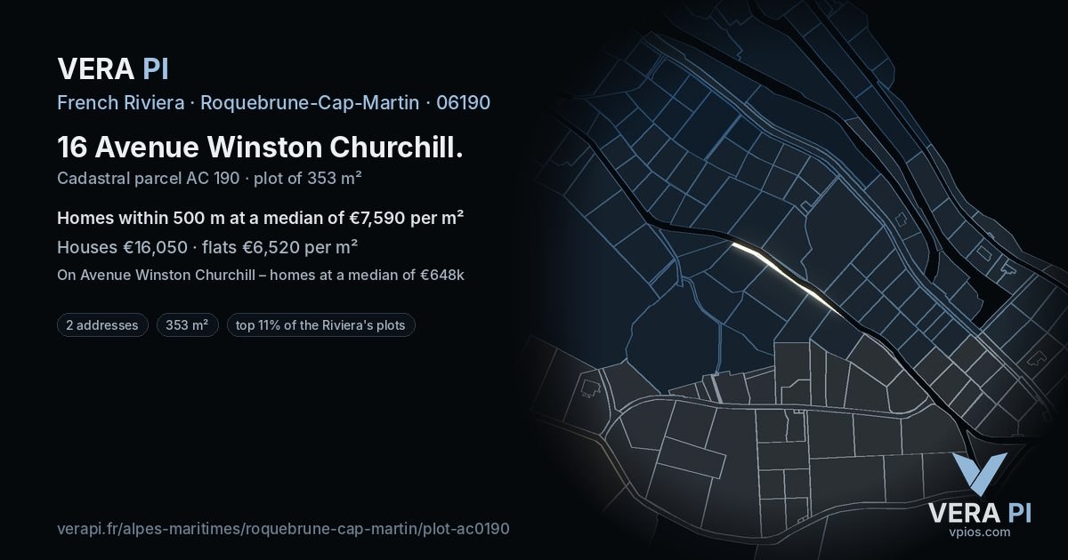 16 Avenue Winston Churchill, Roquebrune-Cap-Martin at night – the plot lit, the parcels around coloured by the prices near them