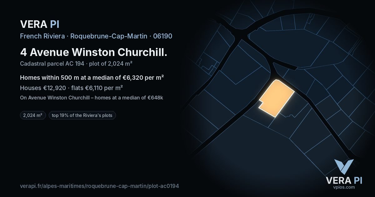 4 Avenue Winston Churchill, Roquebrune-Cap-Martin at night – the plot lit, the parcels around coloured by the prices near them
