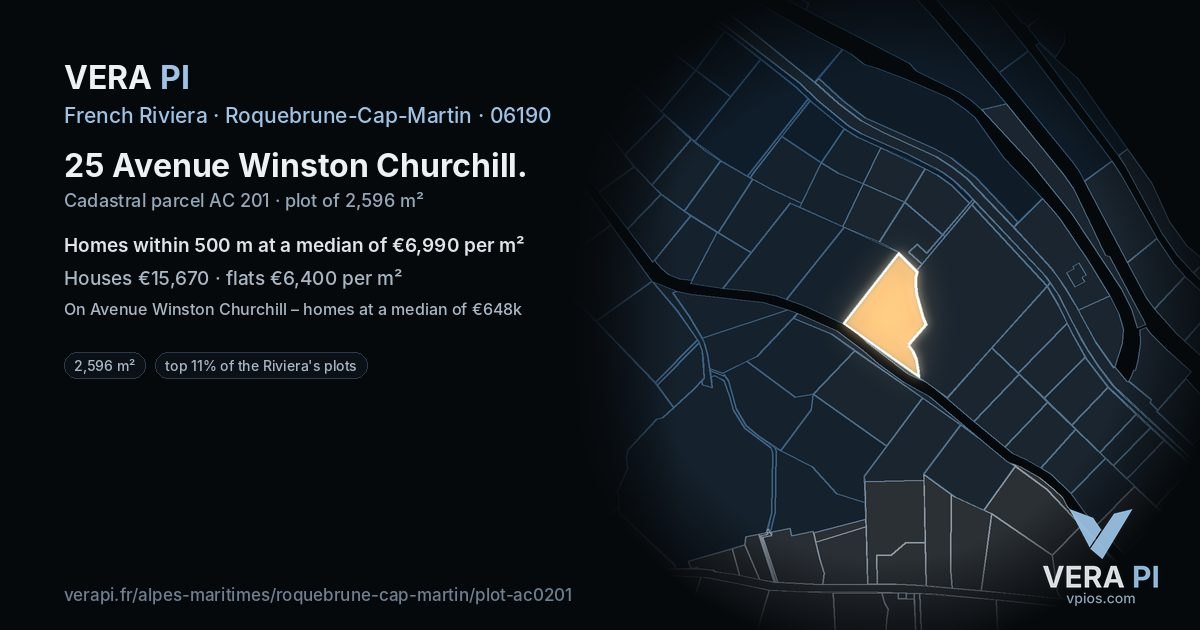 25 Avenue Winston Churchill, Roquebrune-Cap-Martin at night – the plot lit, the parcels around coloured by the prices near them
