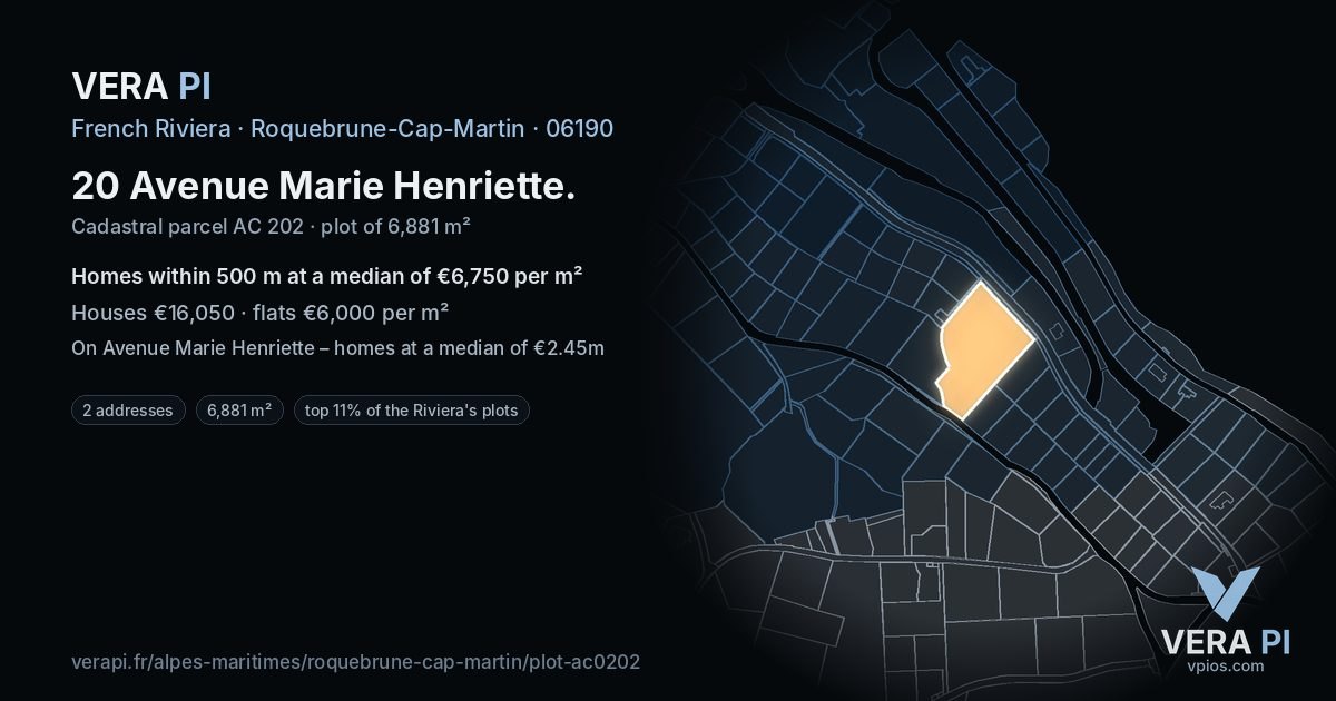20 Avenue Marie Henriette, Roquebrune-Cap-Martin at night – the plot lit, the parcels around coloured by the prices near them