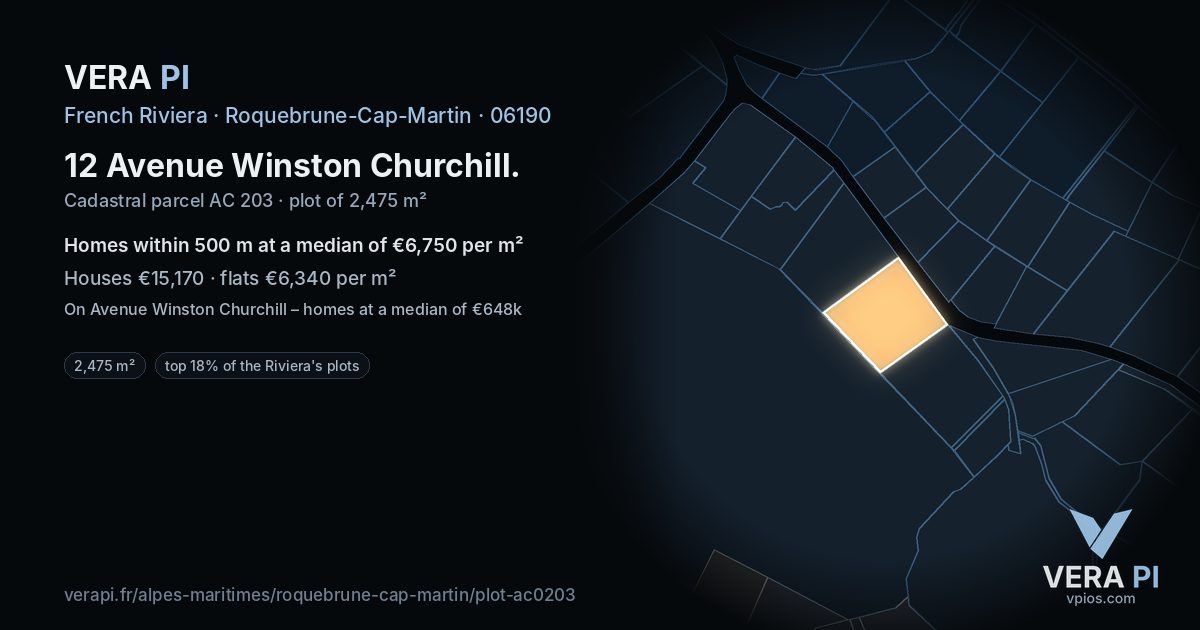 12 Avenue Winston Churchill, Roquebrune-Cap-Martin at night – the plot lit, the parcels around coloured by the prices near them