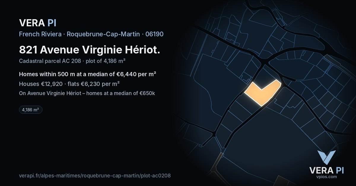 821 Avenue Virginie Hériot, Roquebrune-Cap-Martin at night – the plot lit, the parcels around coloured by the prices near them