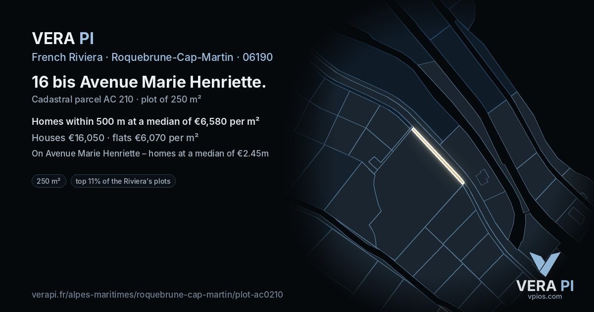 16 bis Avenue Marie Henriette, Roquebrune-Cap-Martin at night – the plot lit, the parcels around coloured by the prices near them