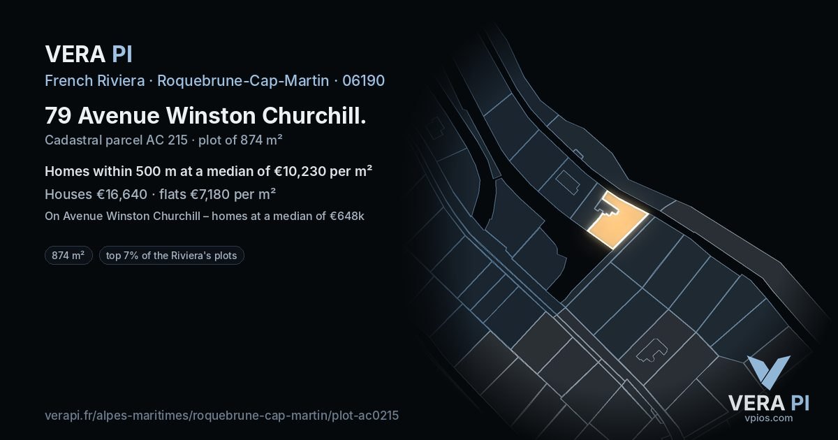 79 Avenue Winston Churchill, Roquebrune-Cap-Martin at night – the plot lit, the parcels around coloured by the prices near them