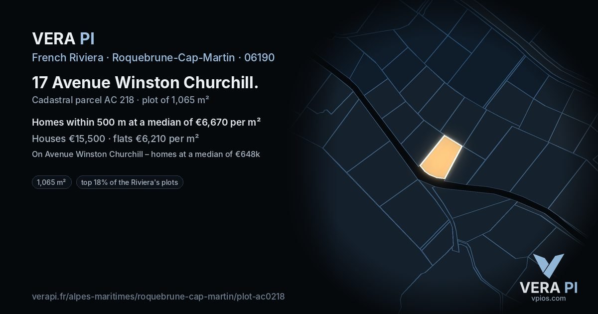 17 Avenue Winston Churchill, Roquebrune-Cap-Martin at night – the plot lit, the parcels around coloured by the prices near them