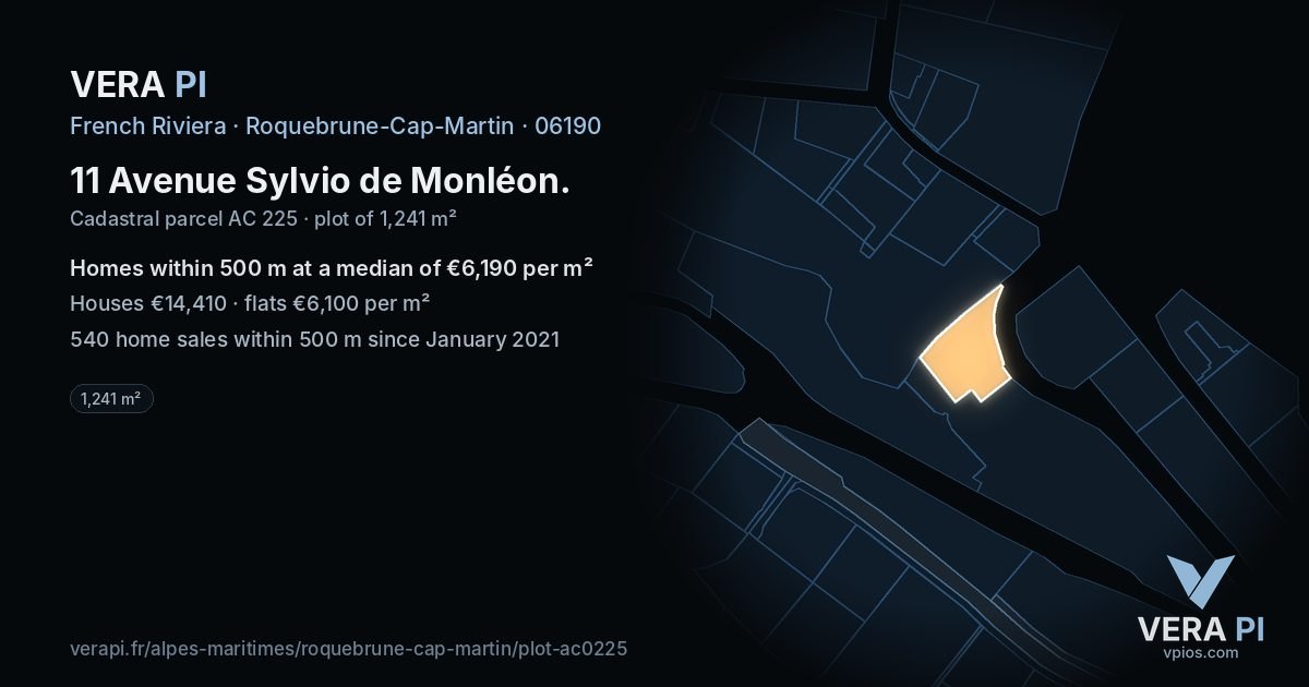 11 Avenue Sylvio de Monléon, Roquebrune-Cap-Martin at night – the plot lit, the parcels around coloured by the prices near them