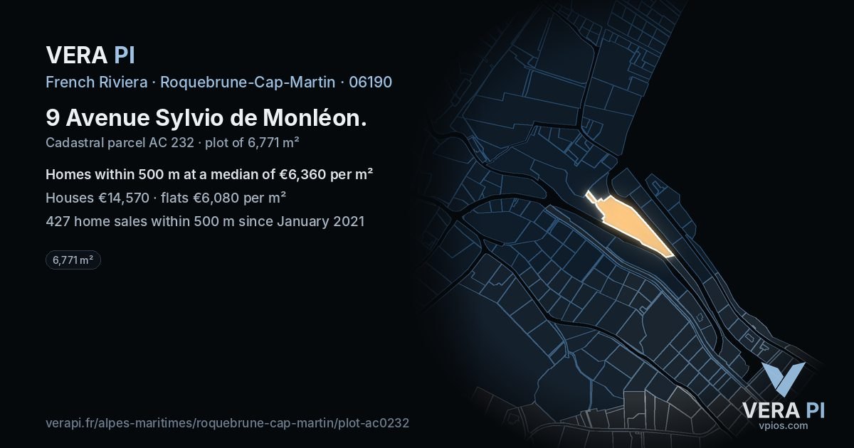 9 Avenue Sylvio de Monléon, Roquebrune-Cap-Martin at night – the plot lit, the parcels around coloured by the prices near them