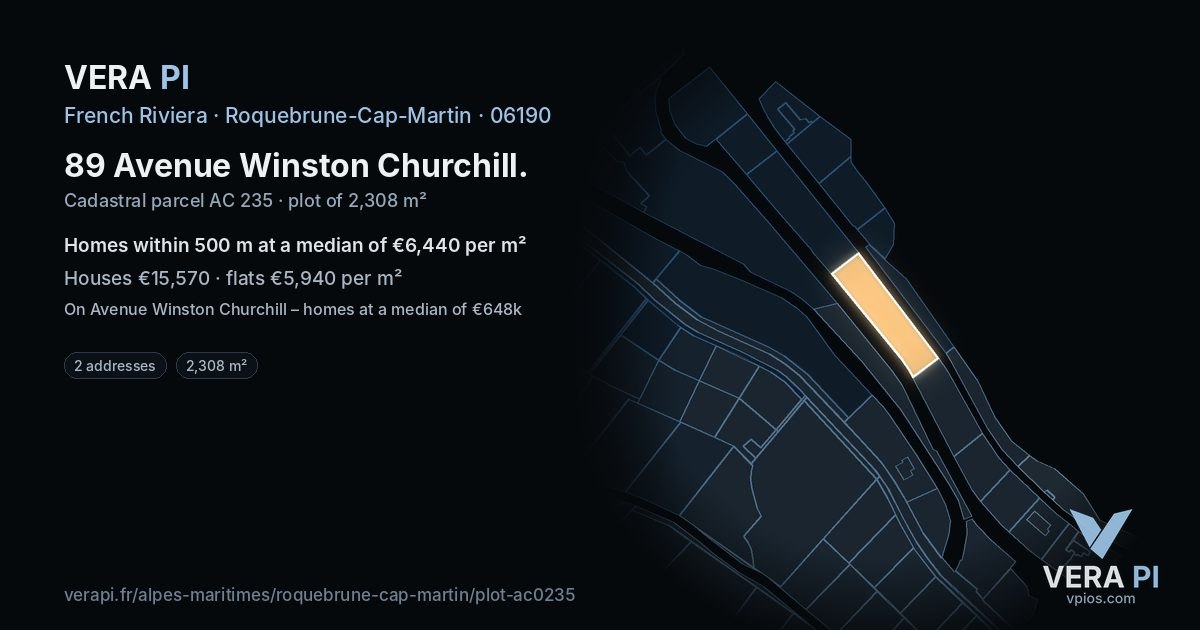 89 Avenue Winston Churchill, Roquebrune-Cap-Martin at night – the plot lit, the parcels around coloured by the prices near them
