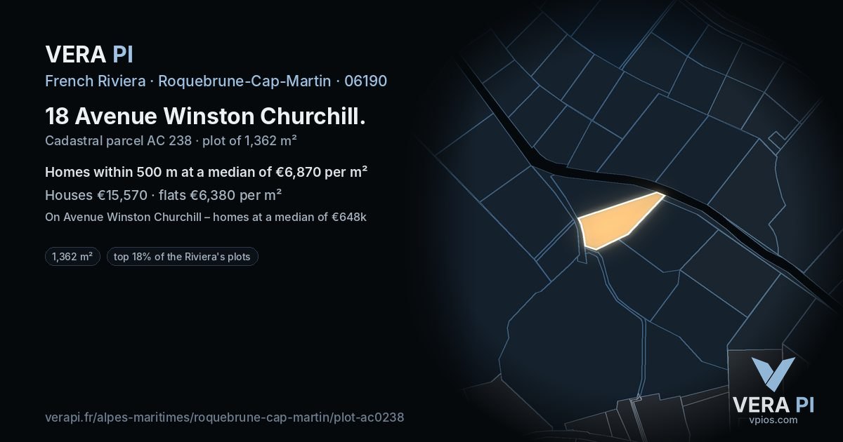 18 Avenue Winston Churchill, Roquebrune-Cap-Martin at night – the plot lit, the parcels around coloured by the prices near them