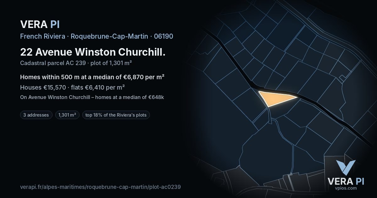 22 Avenue Winston Churchill, Roquebrune-Cap-Martin at night – the plot lit, the parcels around coloured by the prices near them