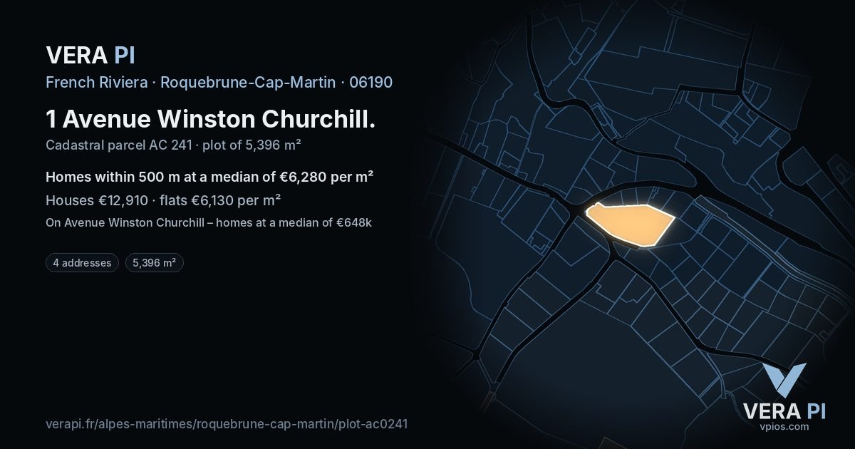 1 Avenue Winston Churchill, Roquebrune-Cap-Martin at night – the plot lit, the parcels around coloured by the prices near them