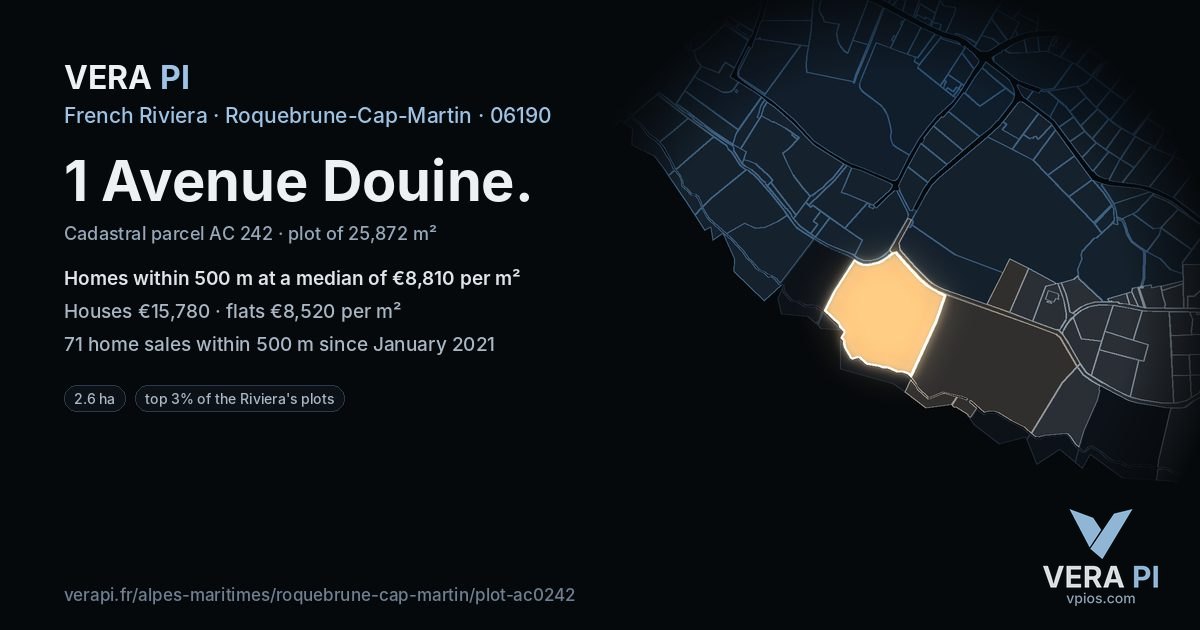 1 Avenue Douine, Roquebrune-Cap-Martin at night – the plot lit, the parcels around coloured by the prices near them