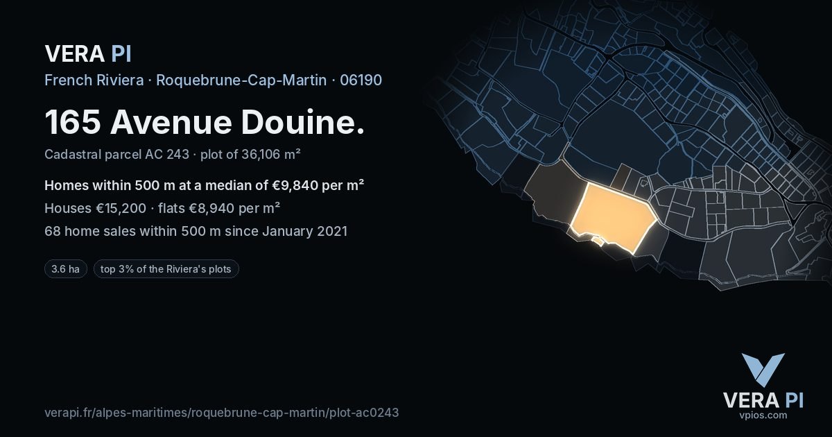 165 Avenue Douine, Roquebrune-Cap-Martin at night – the plot lit, the parcels around coloured by the prices near them