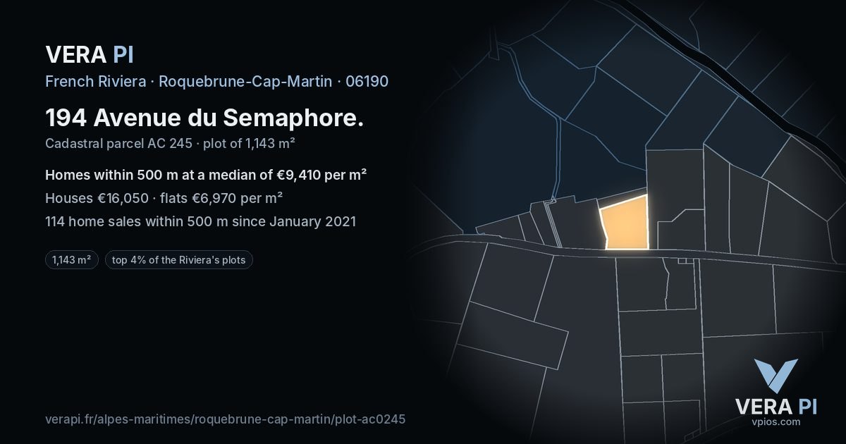 194 Avenue du Semaphore, Roquebrune-Cap-Martin at night – the plot lit, the parcels around coloured by the prices near them