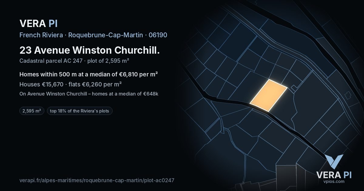 23 Avenue Winston Churchill, Roquebrune-Cap-Martin at night – the plot lit, the parcels around coloured by the prices near them