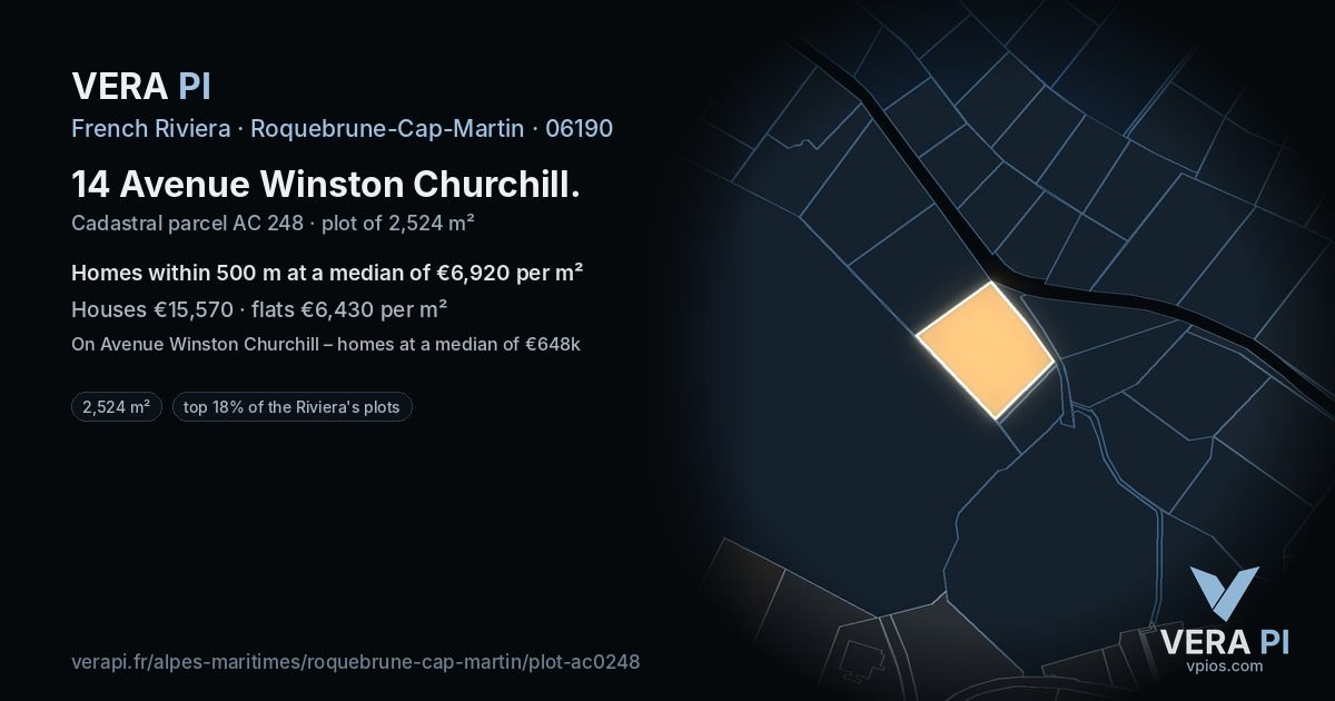 14 Avenue Winston Churchill, Roquebrune-Cap-Martin at night – the plot lit, the parcels around coloured by the prices near them