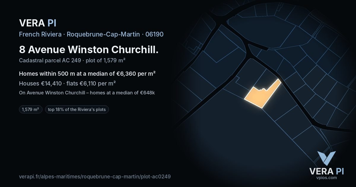 8 Avenue Winston Churchill, Roquebrune-Cap-Martin at night – the plot lit, the parcels around coloured by the prices near them