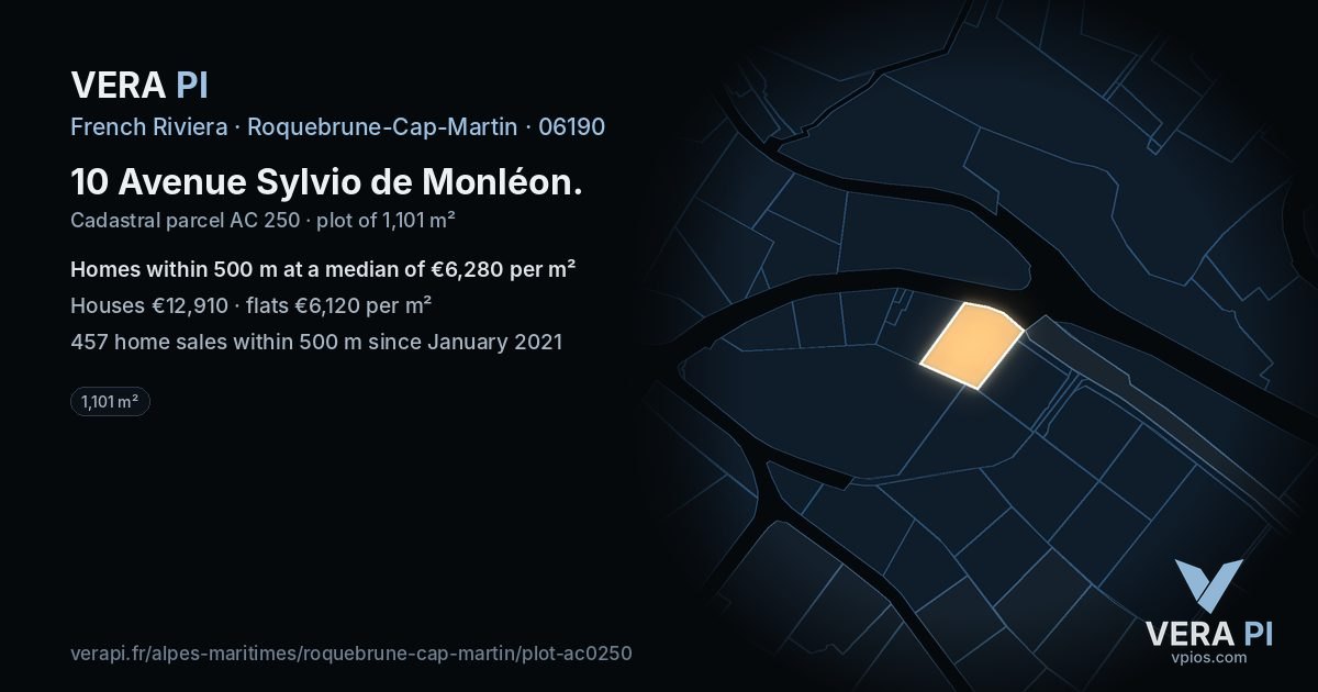 10 Avenue Sylvio de Monléon, Roquebrune-Cap-Martin at night – the plot lit, the parcels around coloured by the prices near them