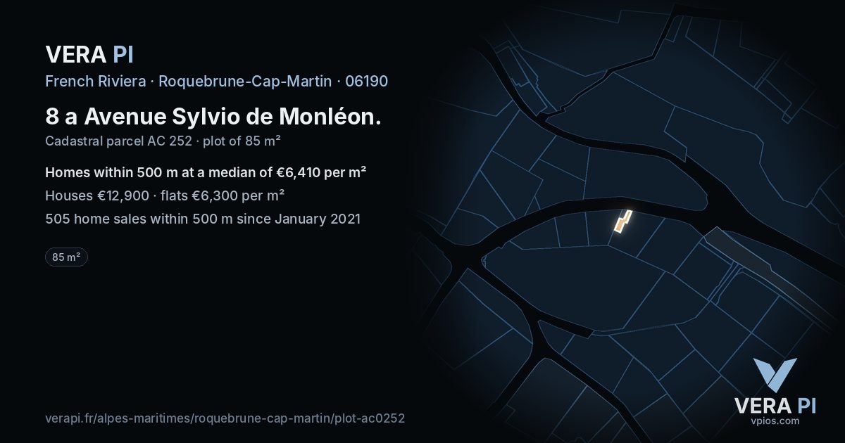 8 a Avenue Sylvio de Monléon, Roquebrune-Cap-Martin at night – the plot lit, the parcels around coloured by the prices near them