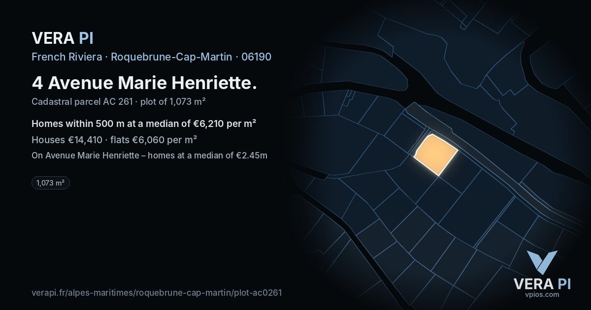4 Avenue Marie Henriette, Roquebrune-Cap-Martin at night – the plot lit, the parcels around coloured by the prices near them