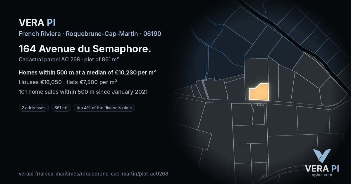 164 Avenue du Semaphore, Roquebrune-Cap-Martin at night – the plot lit, the parcels around coloured by the prices near them