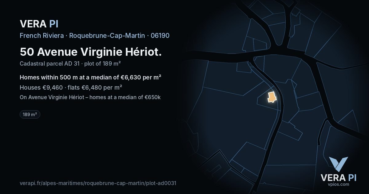 50 Avenue Virginie Hériot, Roquebrune-Cap-Martin at night – the plot lit, the parcels around coloured by the prices near them