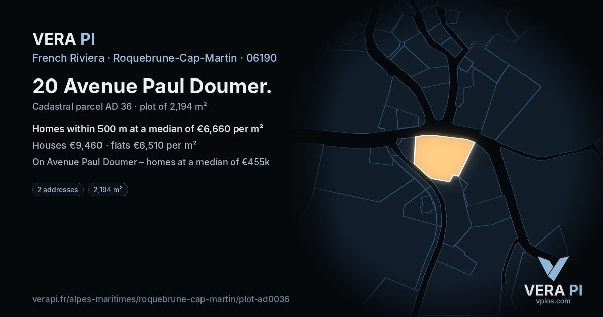 20 Avenue Paul Doumer, Roquebrune-Cap-Martin at night – the plot lit, the parcels around coloured by the prices near them