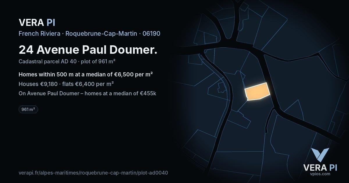 24 Avenue Paul Doumer, Roquebrune-Cap-Martin at night – the plot lit, the parcels around coloured by the prices near them