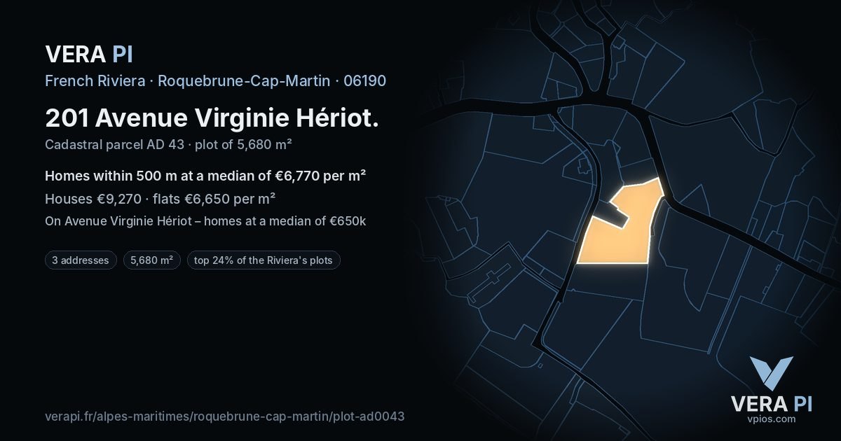 201 Avenue Virginie Hériot, Roquebrune-Cap-Martin at night – the plot lit, the parcels around coloured by the prices near them