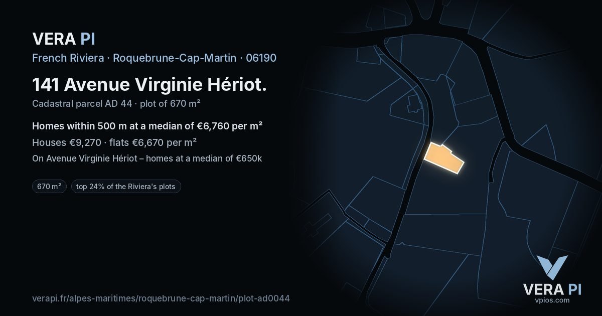 141 Avenue Virginie Hériot, Roquebrune-Cap-Martin at night – the plot lit, the parcels around coloured by the prices near them