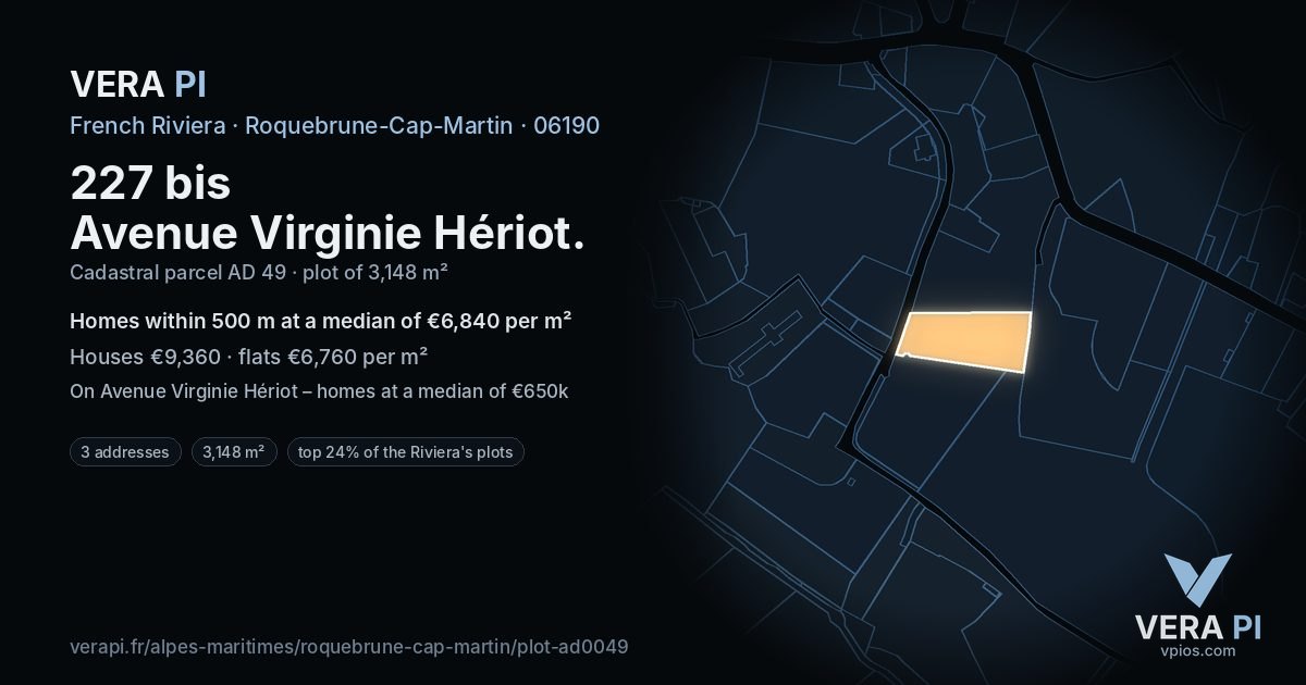227 bis Avenue Virginie Hériot, Roquebrune-Cap-Martin at night – the plot lit, the parcels around coloured by the prices near them