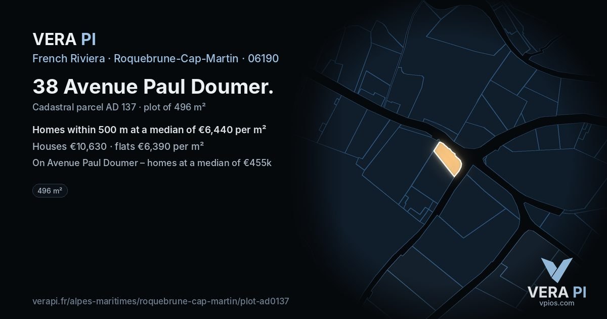 38 Avenue Paul Doumer, Roquebrune-Cap-Martin at night – the plot lit, the parcels around coloured by the prices near them
