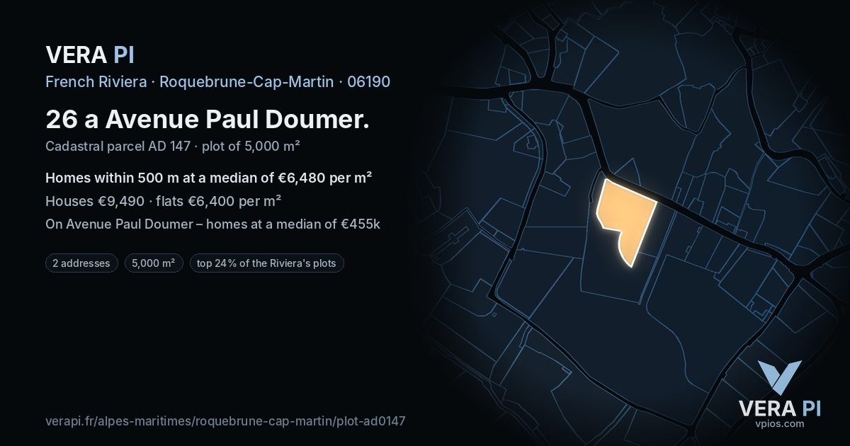 26 a Avenue Paul Doumer, Roquebrune-Cap-Martin at night – the plot lit, the parcels around coloured by the prices near them